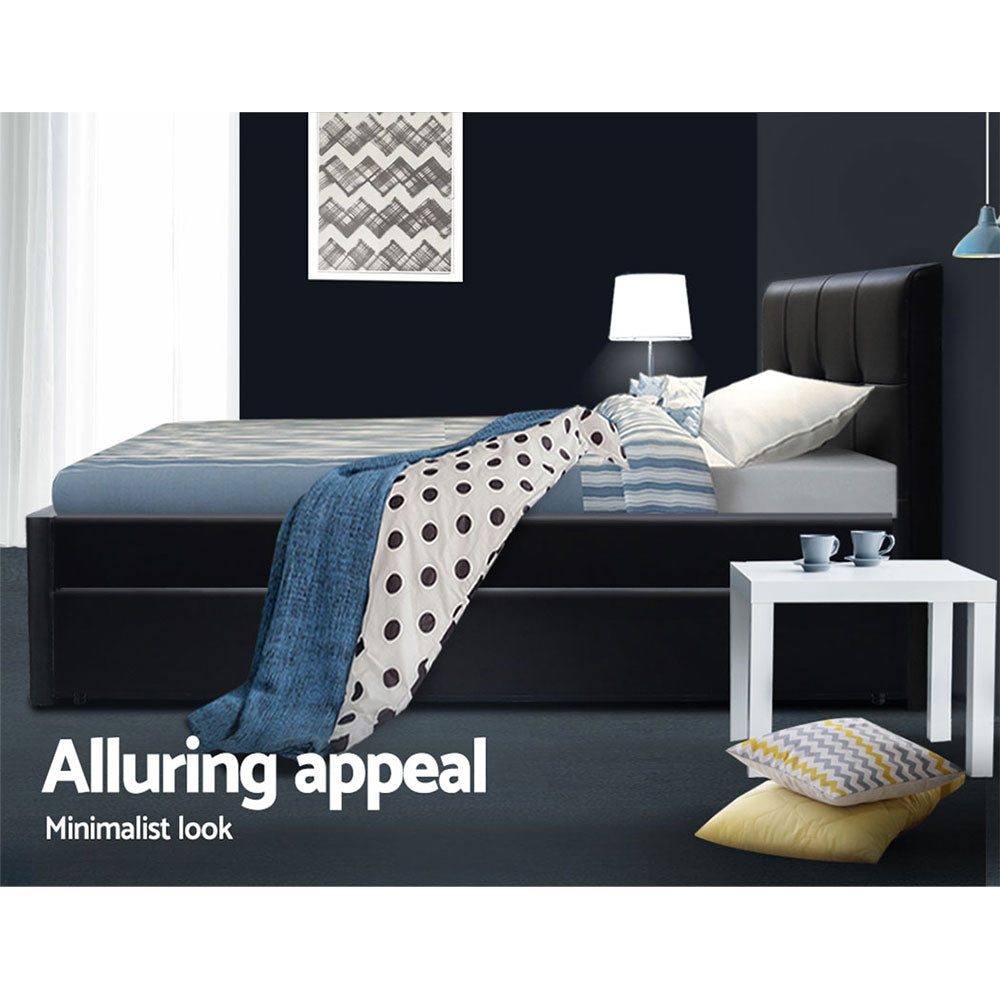 King Single Trundle Wooden Bed Frame - Black PU Leather - Homecoze