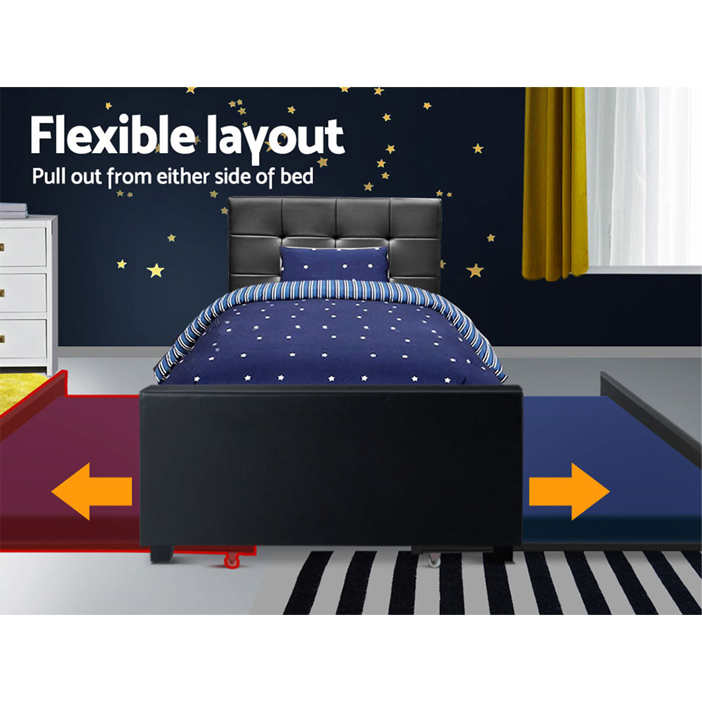 King Single Trundle Wooden Bed Frame - Black PU Leather - Homecoze