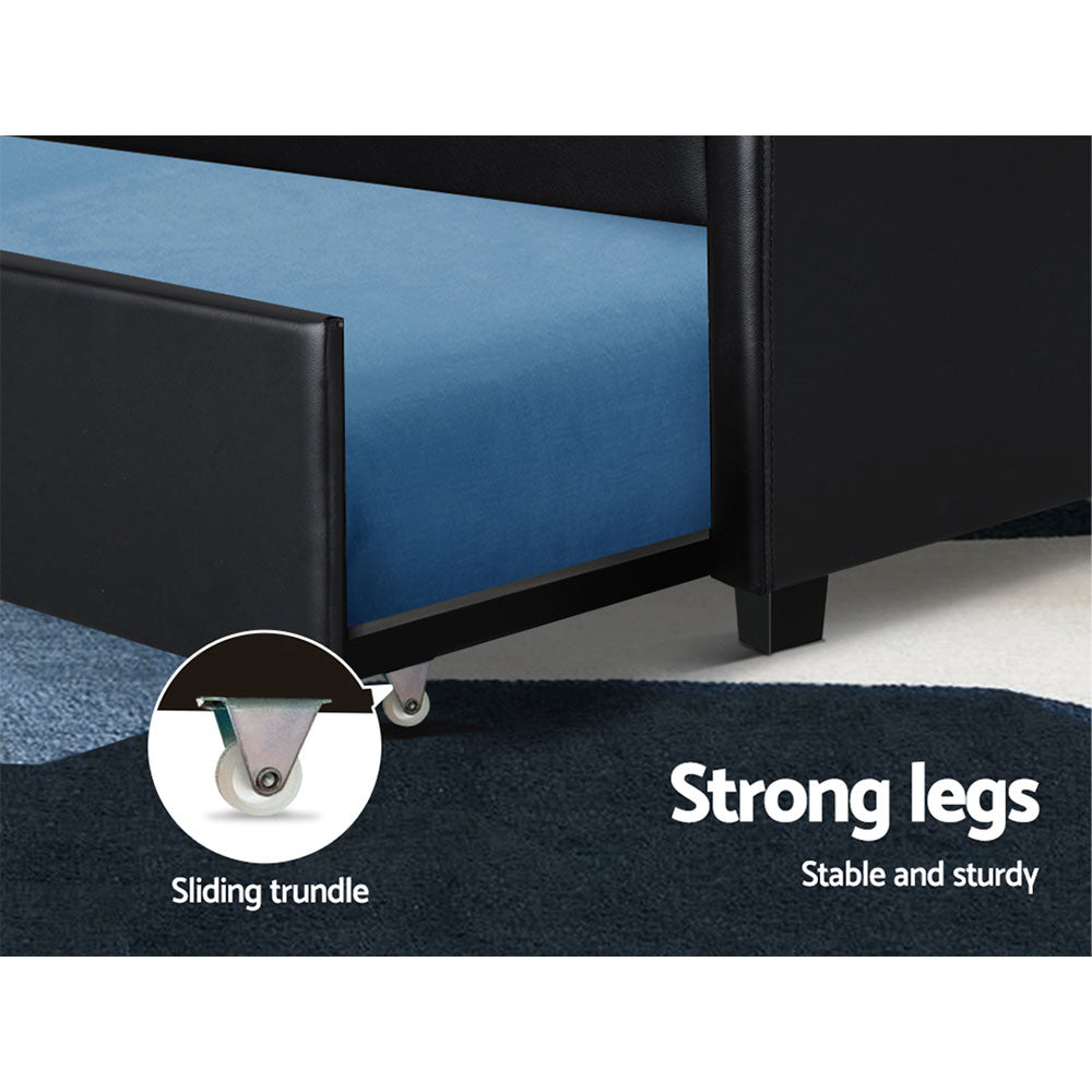 King Single Trundle Wooden Bed Frame - Black PU Leather - Homecoze