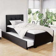 King Single Trundle Wooden Bed Frame - Black PU Leather - Homecoze