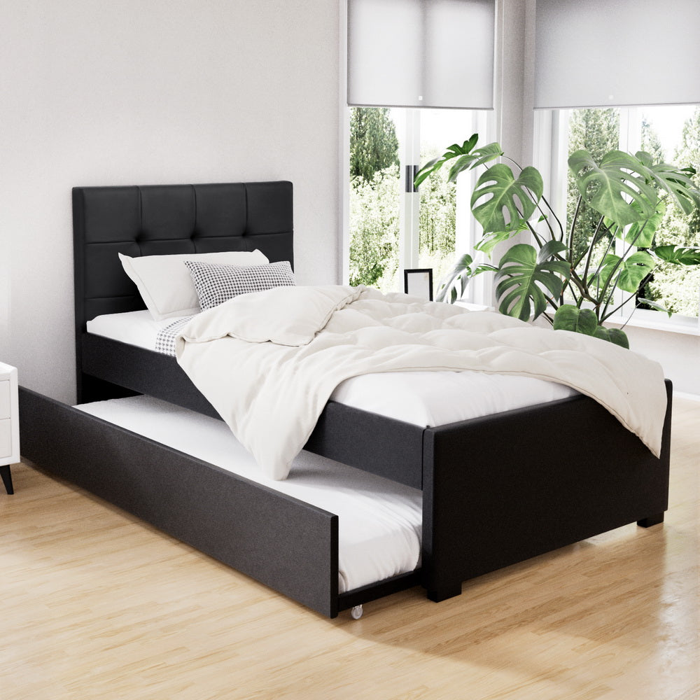 King Single Trundle Wooden Bed Frame - Black PU Leather - Homecoze