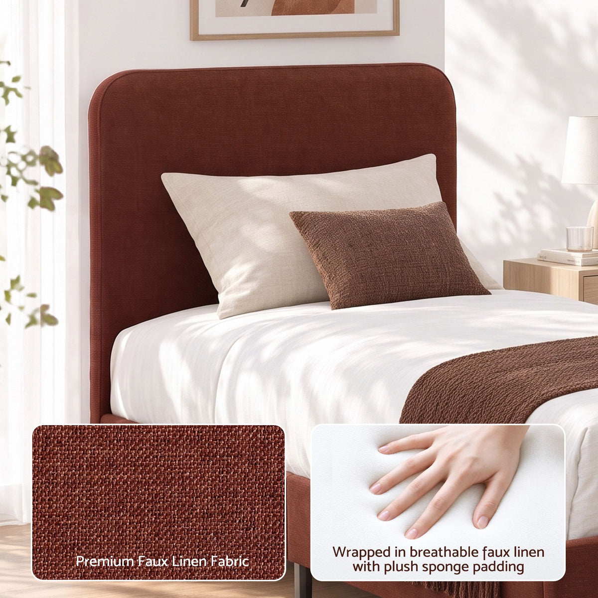 Evander (King Single) Linen-Look Bed Frame - Brown