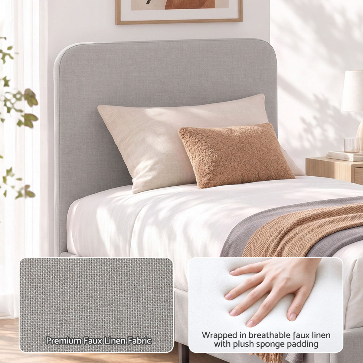Evander (Single) Linen-Look Bed Frame - Grey