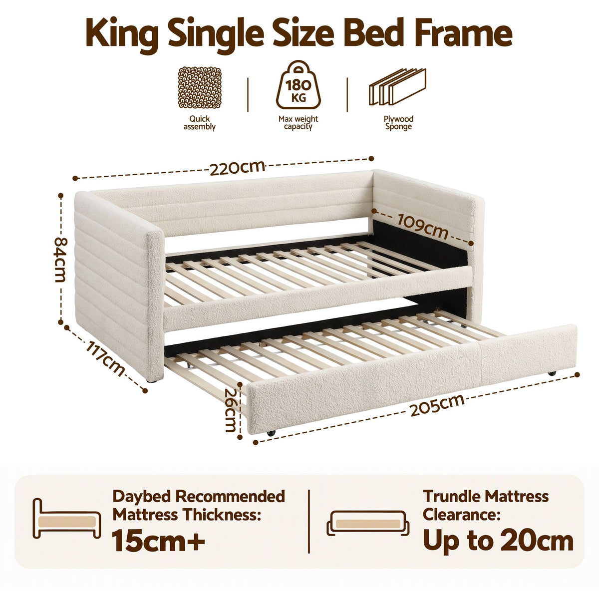 Artiss King Single Daybed with Trundle, Boucle Upholstered Bed Frame Guest Bed - Homecoze