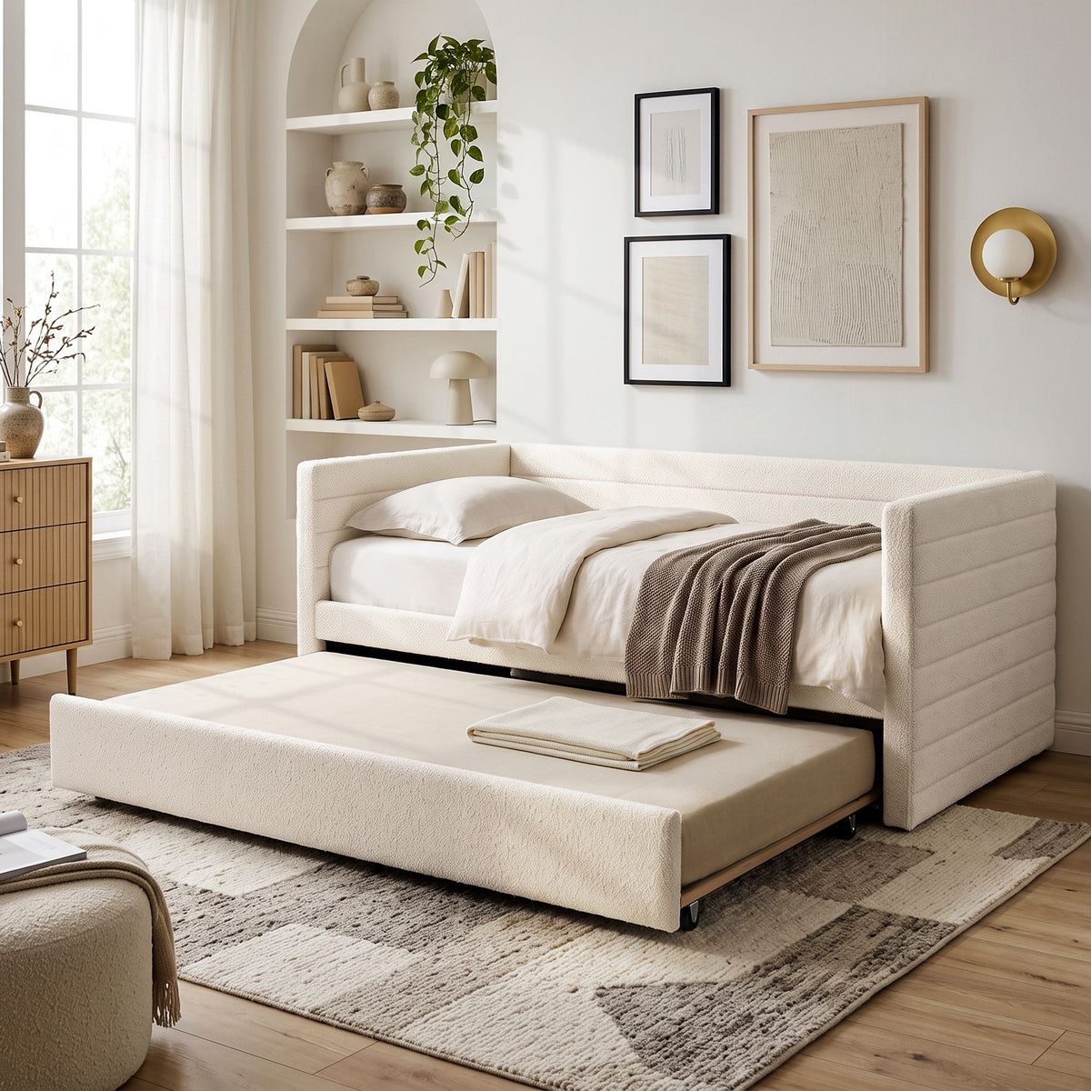 Artiss Single Daybed with Trundle, Boucle Upholstered Bed Frame Guest Bed - Homecoze