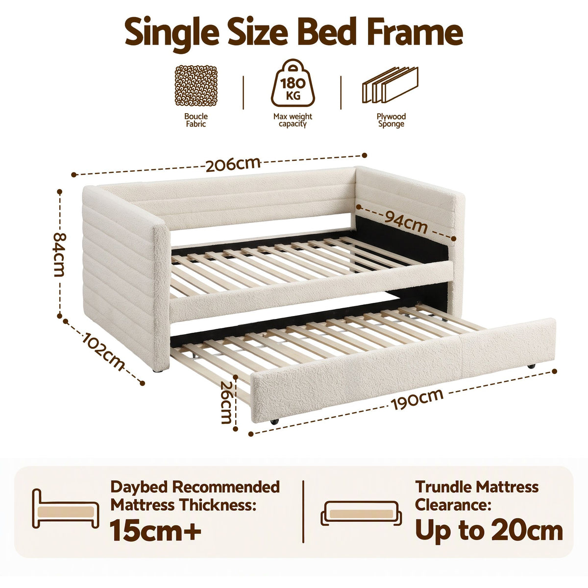 Artiss Single Daybed with Trundle, Boucle Upholstered Bed Frame Guest Bed - Homecoze