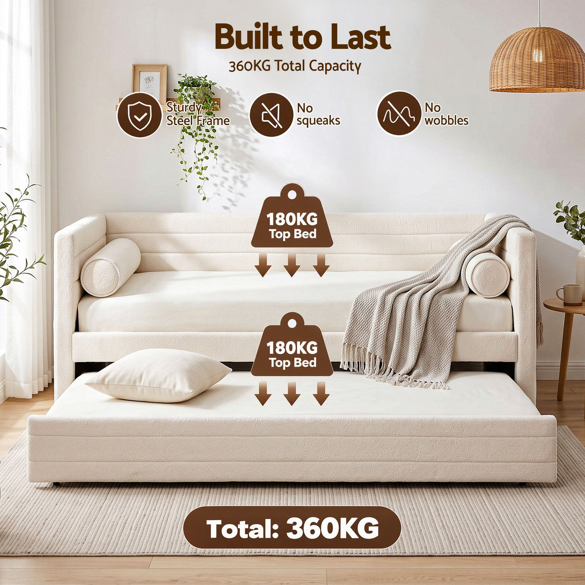 Artiss Single Daybed with Trundle, Boucle Upholstered Bed Frame Guest Bed - Homecoze