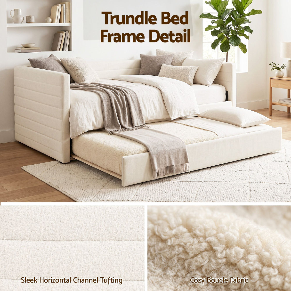 Artiss Single Daybed with Trundle, Boucle Upholstered Bed Frame Guest Bed - Homecoze