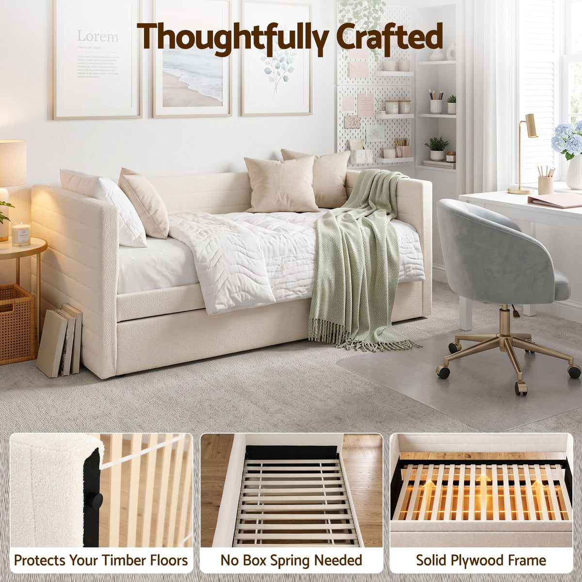 Artiss Single Daybed with Trundle, Boucle Upholstered Bed Frame Guest Bed - Homecoze