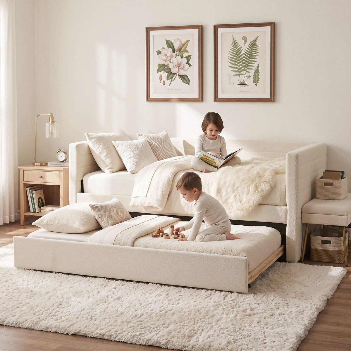 Artiss Single Daybed with Trundle, Boucle Upholstered Bed Frame Guest Bed - Homecoze