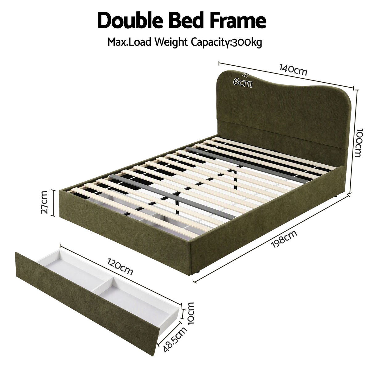 Odelia (Double) Chenille Storage Bed Frame - Moss Green