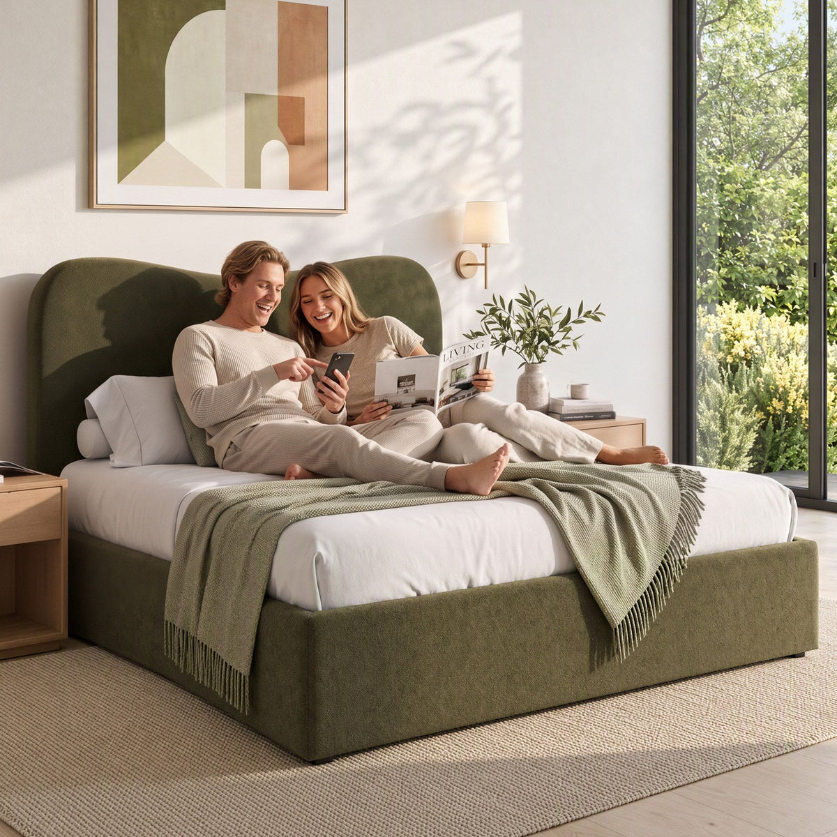 Odelia (Double) Chenille Storage Bed Frame - Moss Green