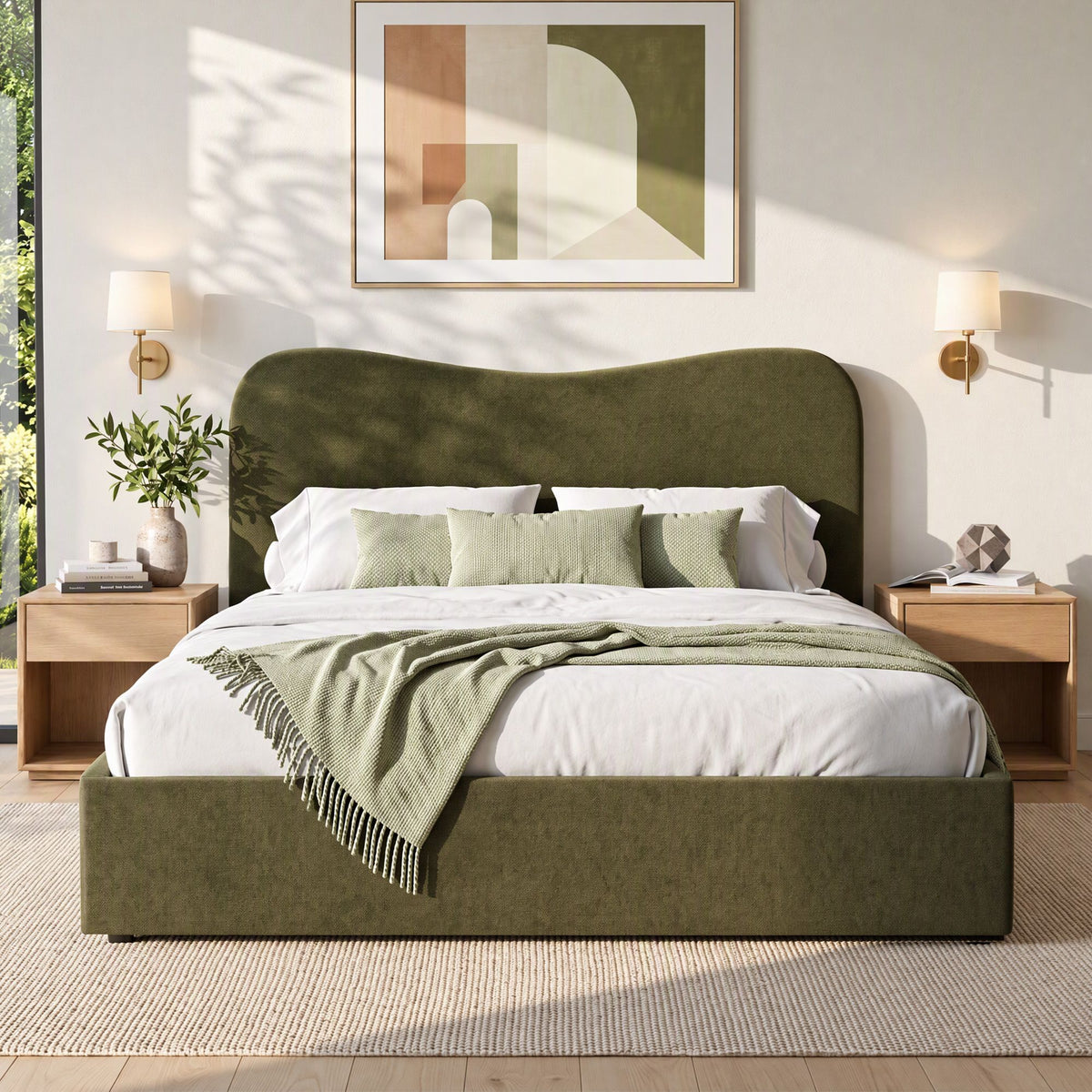 Odelia (Queen) Chenille Storage Bed Frame - Moss Green