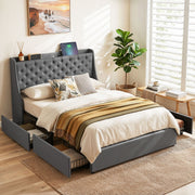 Artiss Double Bed Frame with 4 Storage Drawers and Charging Station Tufted Wingback Headboard 300kg Loads Charcoal Grey - Homecoze