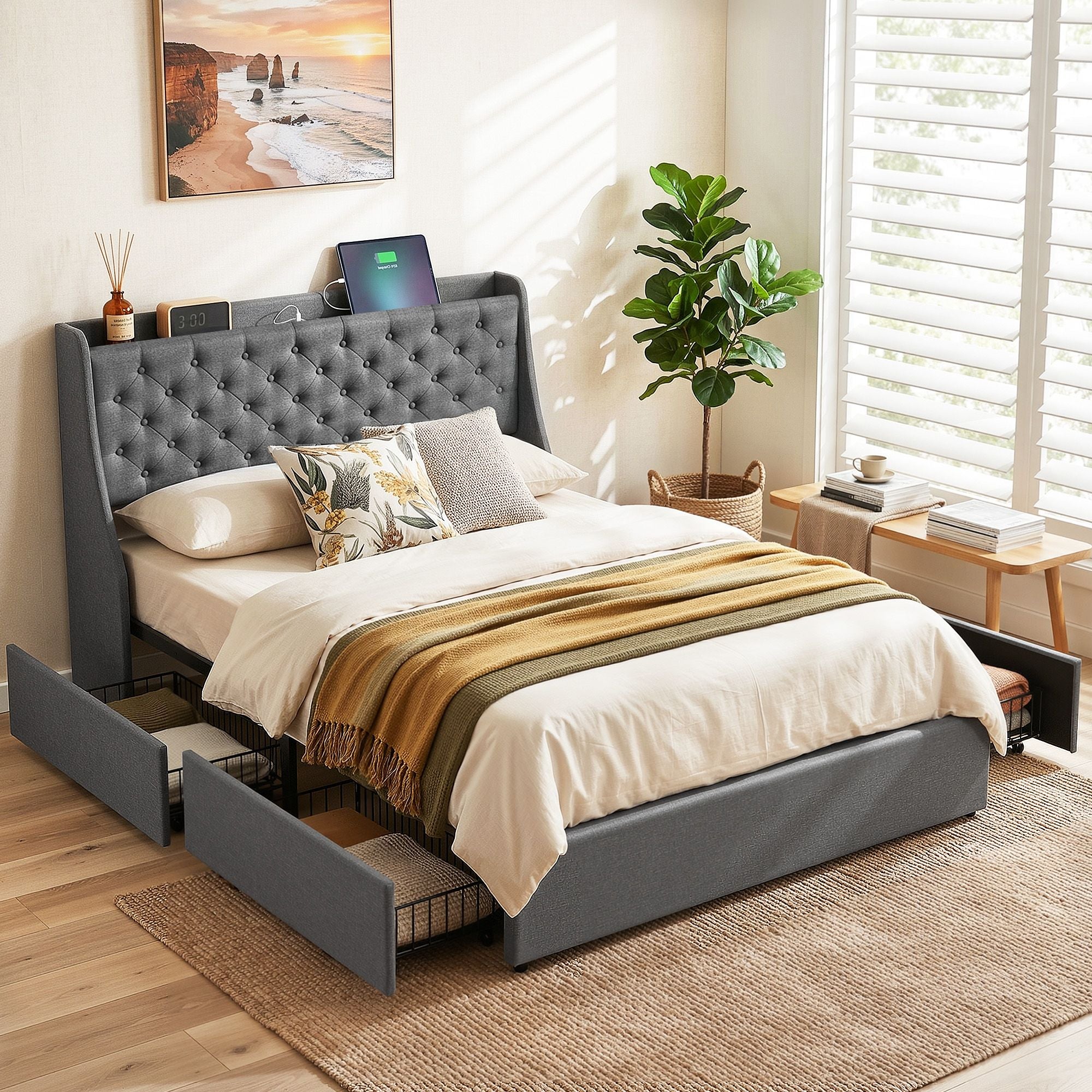 Artiss Double Bed Frame with 4 Storage Drawers and Charging Station Tufted Wingback Headboard 300kg Loads Charcoal Grey - Homecoze