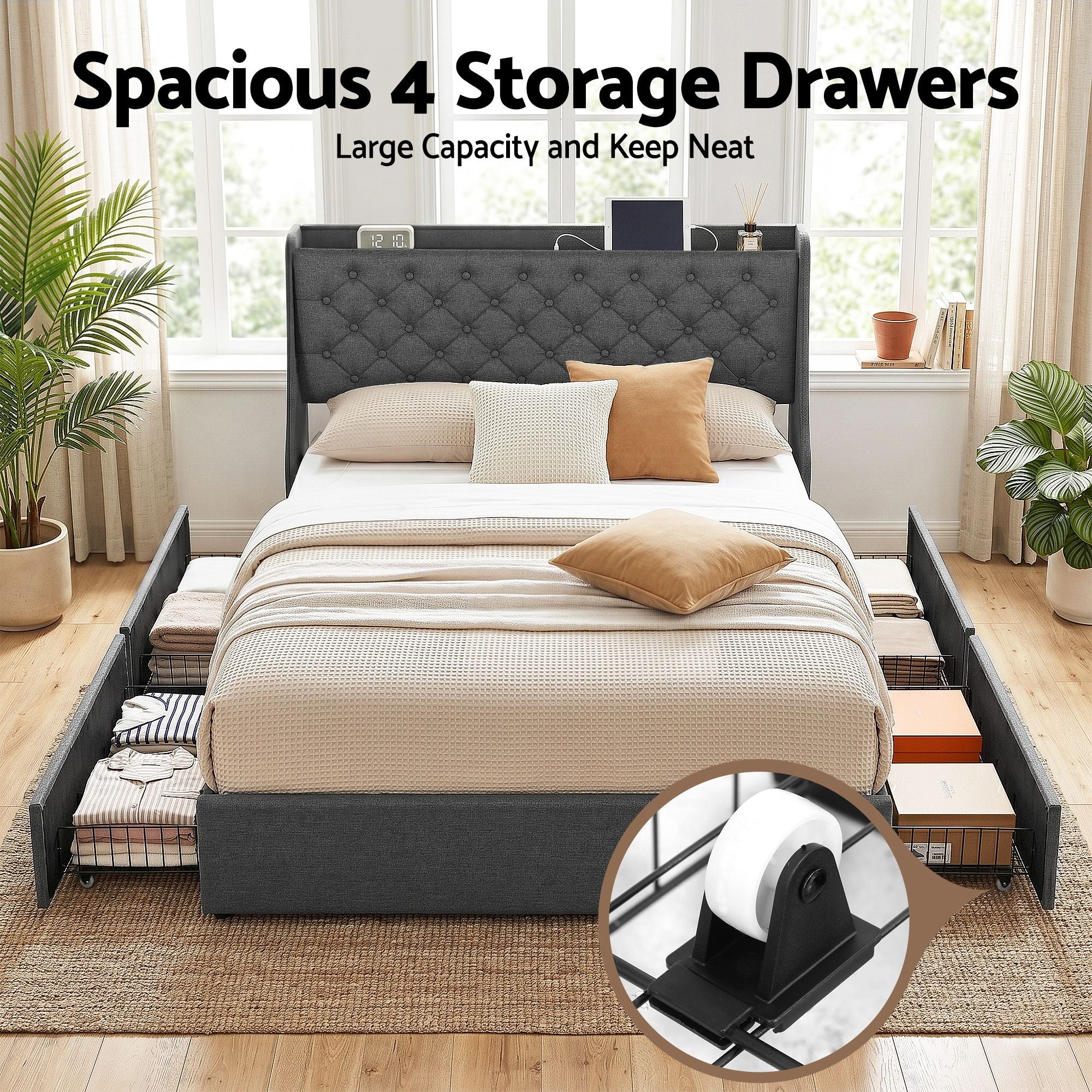 Artiss Double Bed Frame with 4 Storage Drawers and Charging Station Tufted Wingback Headboard 300kg Loads Charcoal Grey - Homecoze