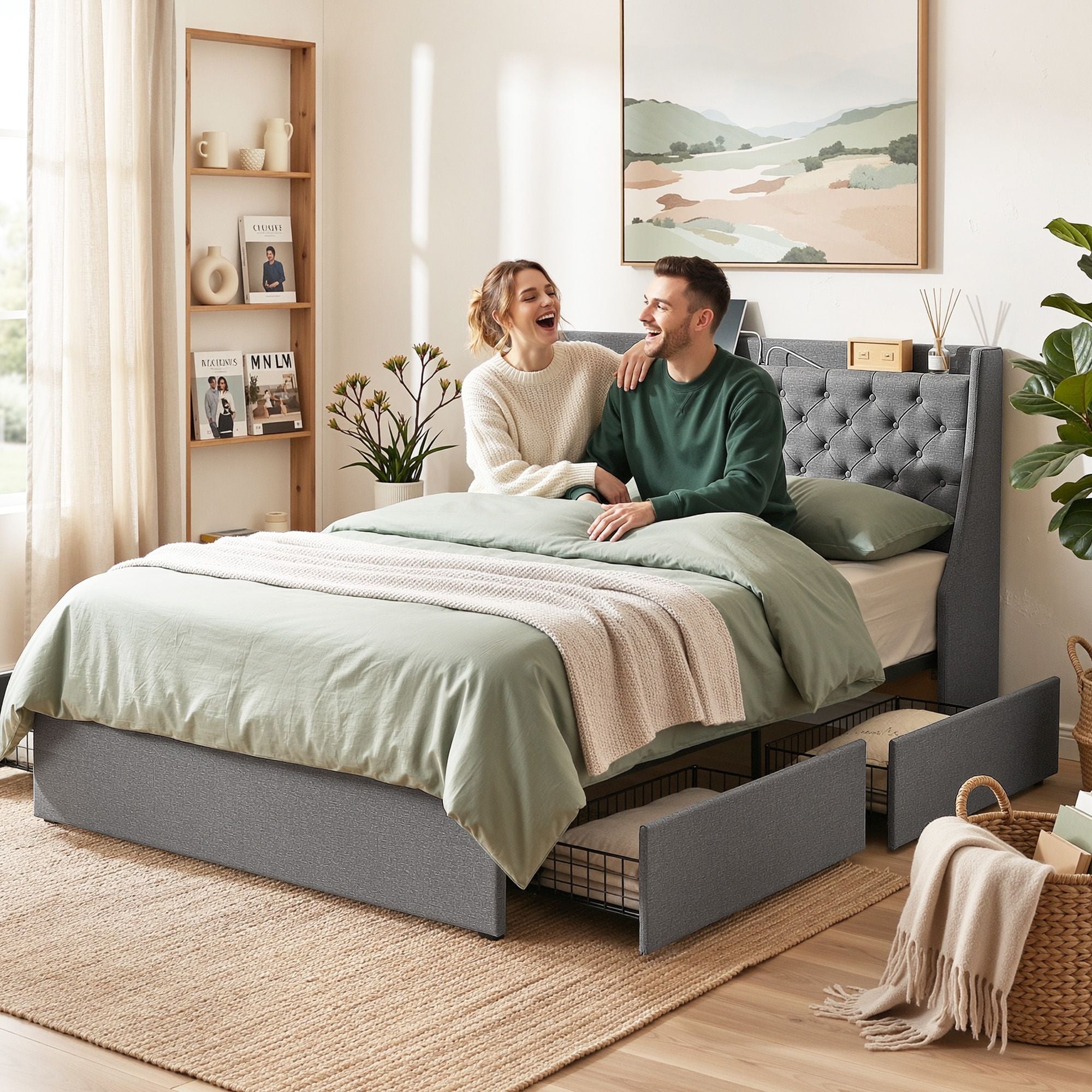 Artiss Double Bed Frame with 4 Storage Drawers and Charging Station Tufted Wingback Headboard 300kg Loads Charcoal Grey - Homecoze