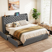 Artiss King Bed Frame with 4 Storage Drawers and Charging Station Tufted Wingback Headboard 300kg Loads Charcoal Grey - Homecoze