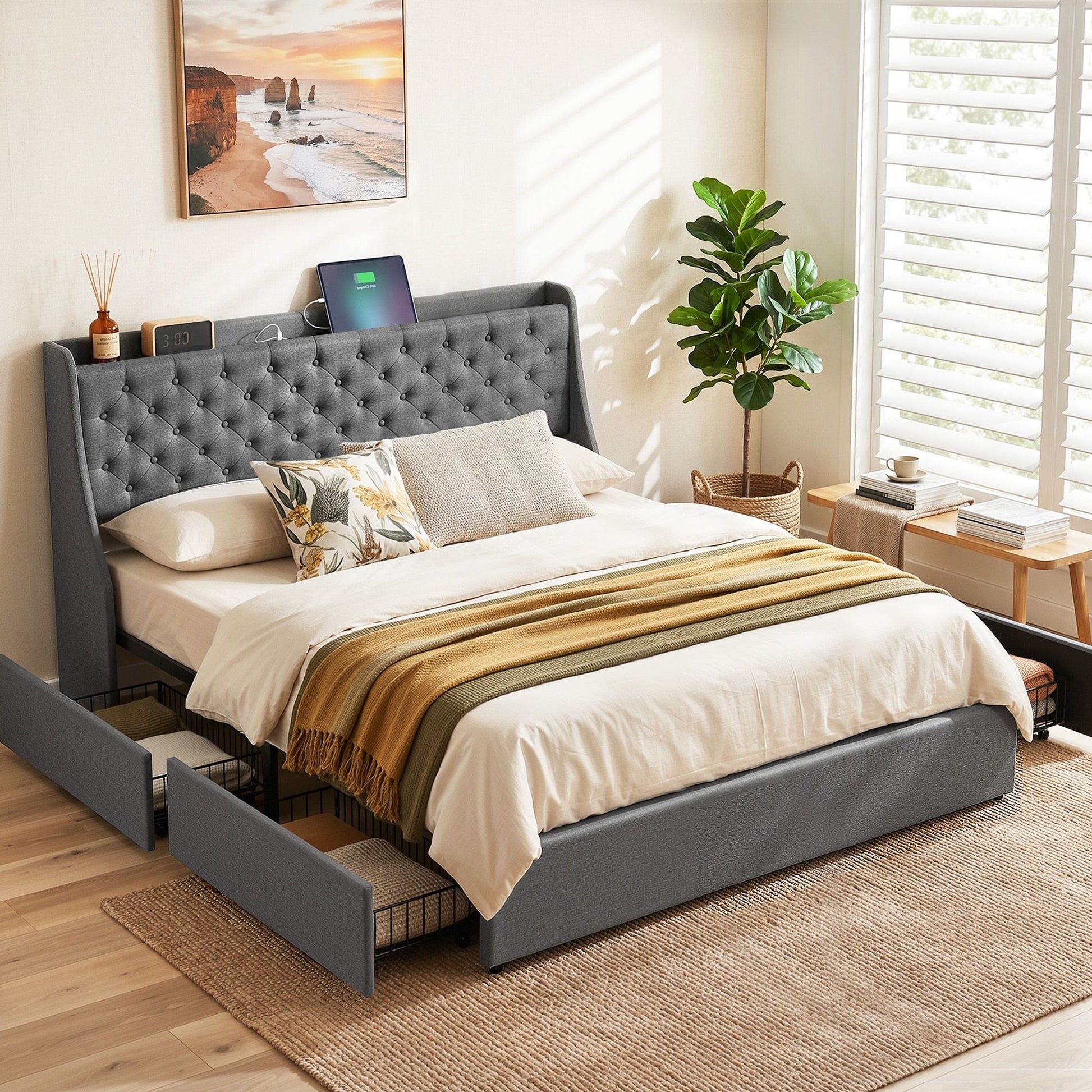 Artiss King Bed Frame with 4 Storage Drawers and Charging Station Tufted Wingback Headboard 300kg Loads Charcoal Grey - Homecoze