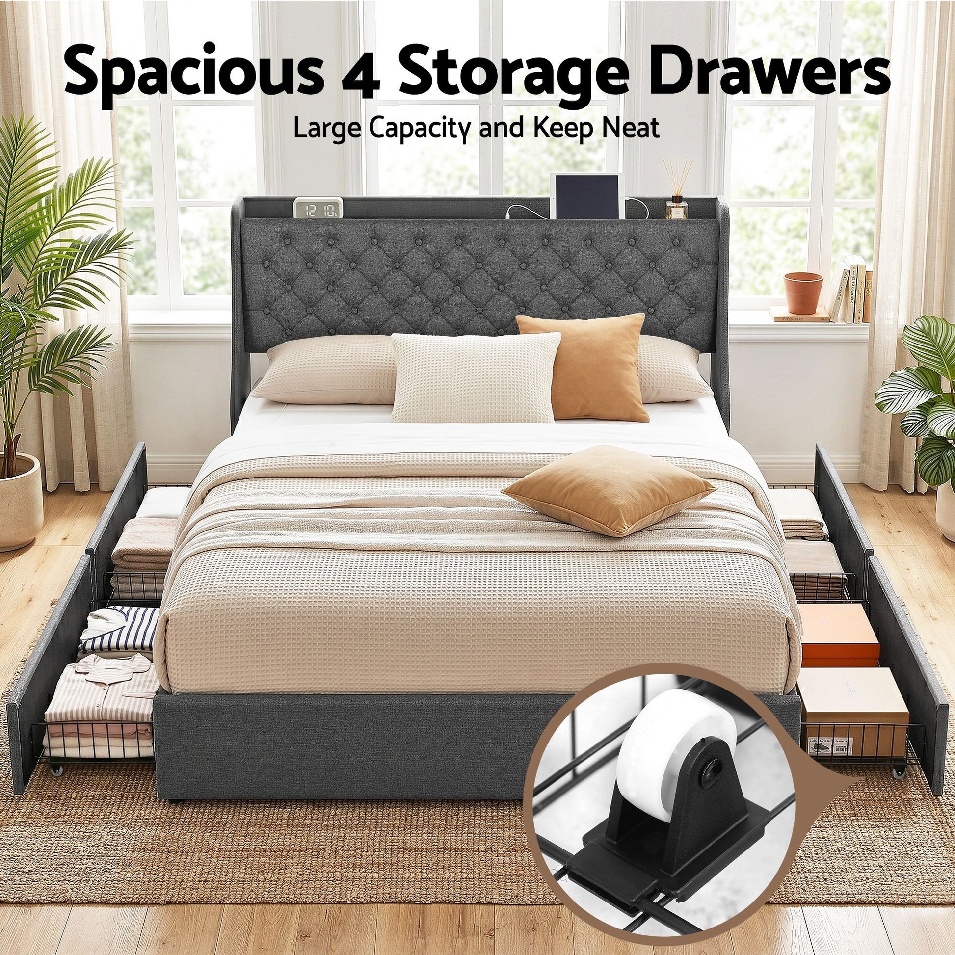 Artiss King Bed Frame with 4 Storage Drawers and Charging Station Tufted Wingback Headboard 300kg Loads Charcoal Grey - Homecoze