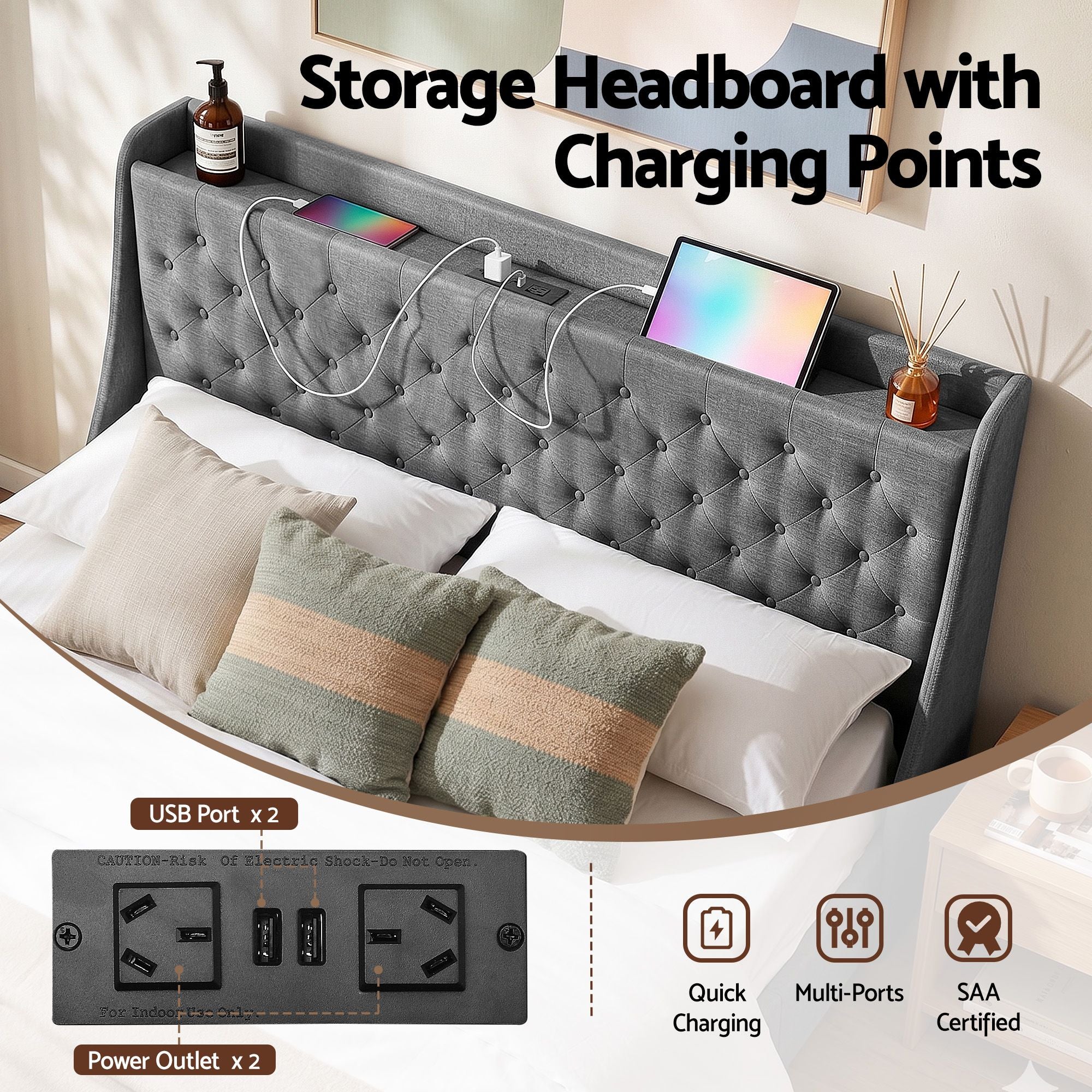 Artiss King Bed Frame with 4 Storage Drawers and Charging Station Tufted Wingback Headboard 300kg Loads Charcoal Grey - Homecoze