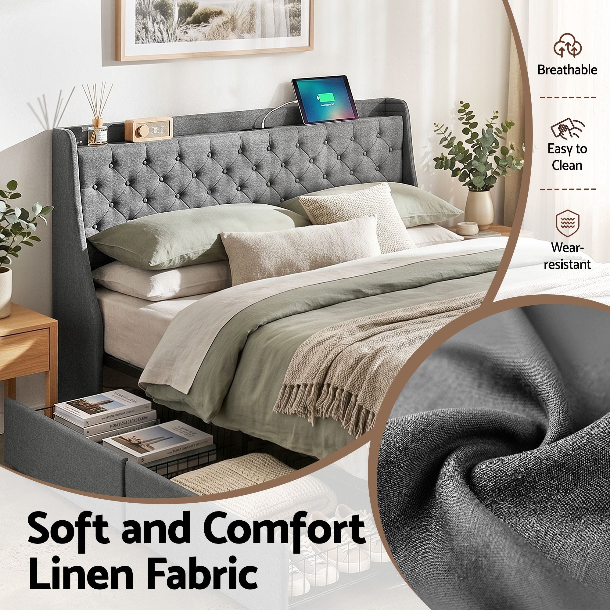 Artiss King Bed Frame with 4 Storage Drawers and Charging Station Tufted Wingback Headboard 300kg Loads Charcoal Grey - Homecoze
