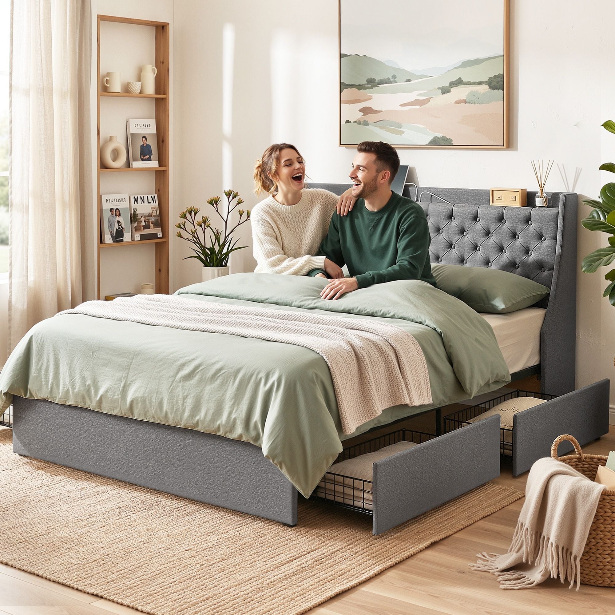 Artiss King Bed Frame with 4 Storage Drawers and Charging Station Tufted Wingback Headboard 300kg Loads Charcoal Grey - Homecoze