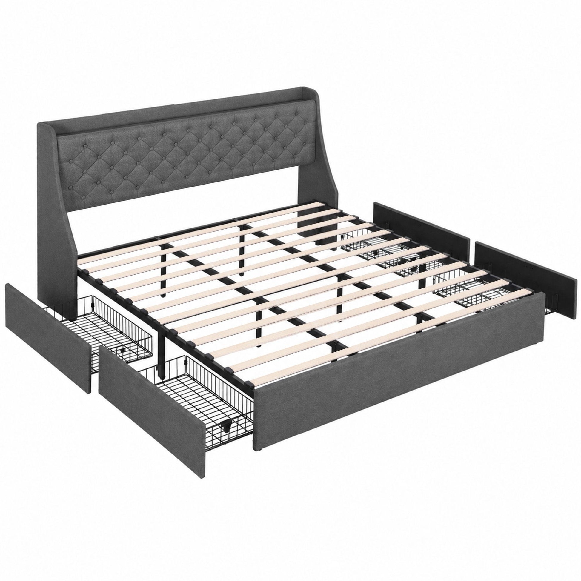 Artiss King Bed Frame with 4 Storage Drawers and Charging Station Tufted Wingback Headboard 300kg Loads Charcoal Grey - Homecoze