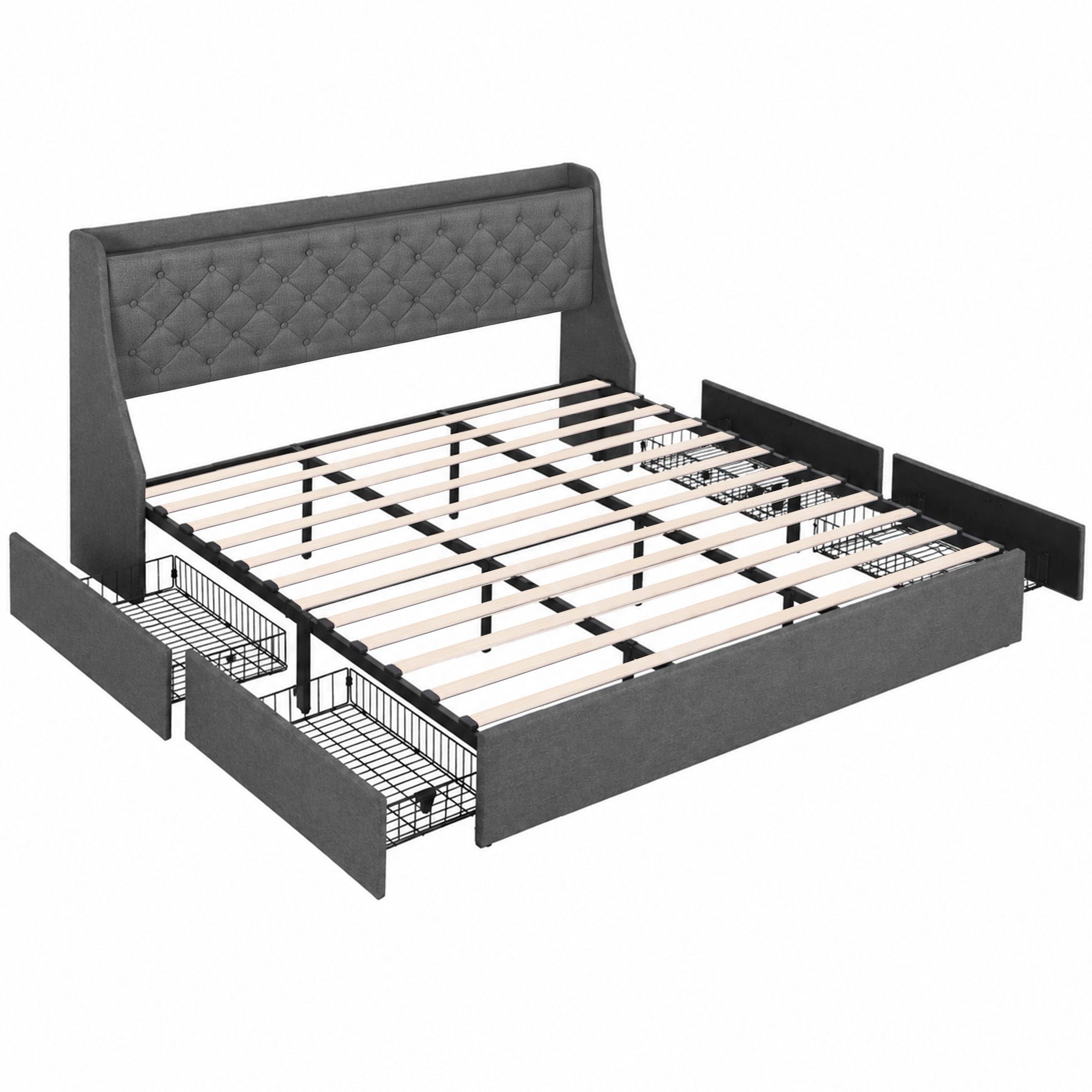 Artiss King Bed Frame with 4 Storage Drawers and Charging Station Tufted Wingback Headboard 300kg Loads Charcoal Grey - Homecoze