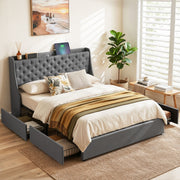 Artiss Queen Bed Frame with 4 Storage Drawers and Charging Station Tufted Wingback Headboard 300kg Loads Charcoal Grey - Homecoze