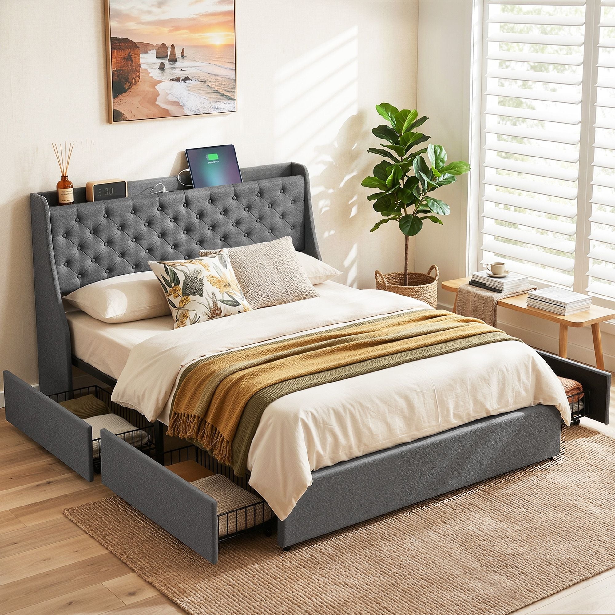 Artiss Queen Bed Frame with 4 Storage Drawers and Charging Station Tufted Wingback Headboard 300kg Loads Charcoal Grey - Homecoze