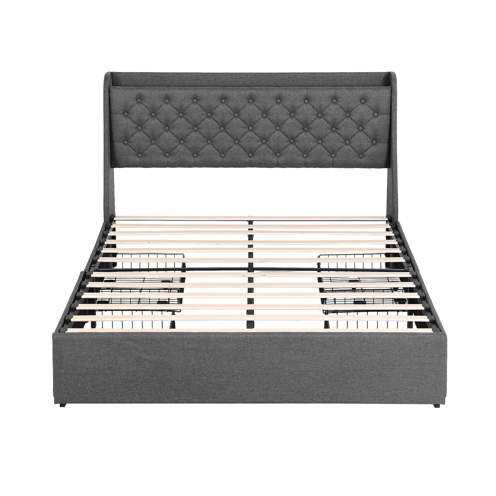 Artiss Queen Bed Frame with 4 Storage Drawers and Charging Station Tufted Wingback Headboard 300kg Loads Charcoal Grey - Homecoze