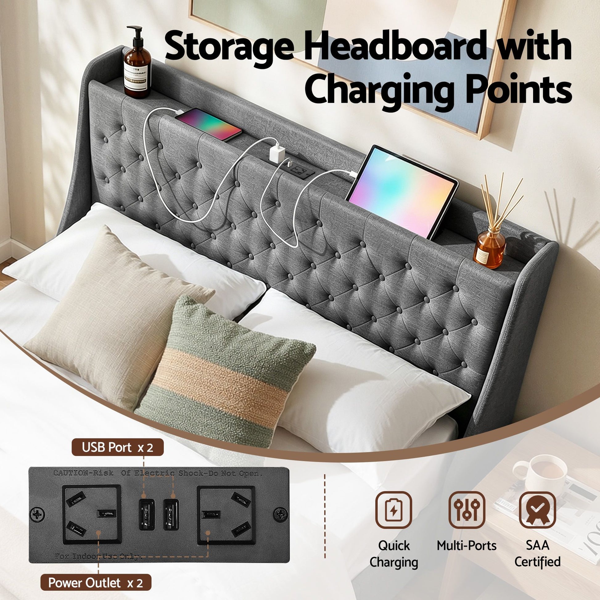 Artiss Queen Bed Frame with 4 Storage Drawers and Charging Station Tufted Wingback Headboard 300kg Loads Charcoal Grey - Homecoze