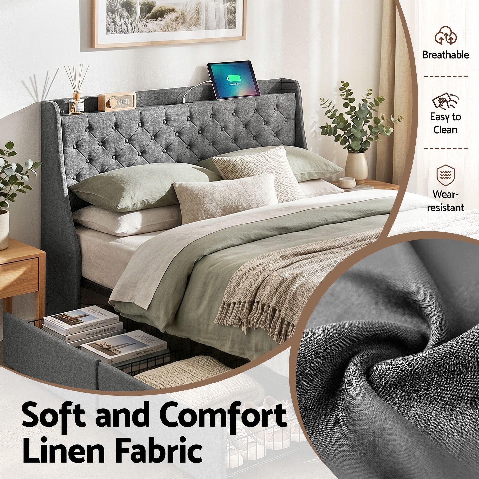Artiss Queen Bed Frame with 4 Storage Drawers and Charging Station Tufted Wingback Headboard 300kg Loads Charcoal Grey - Homecoze