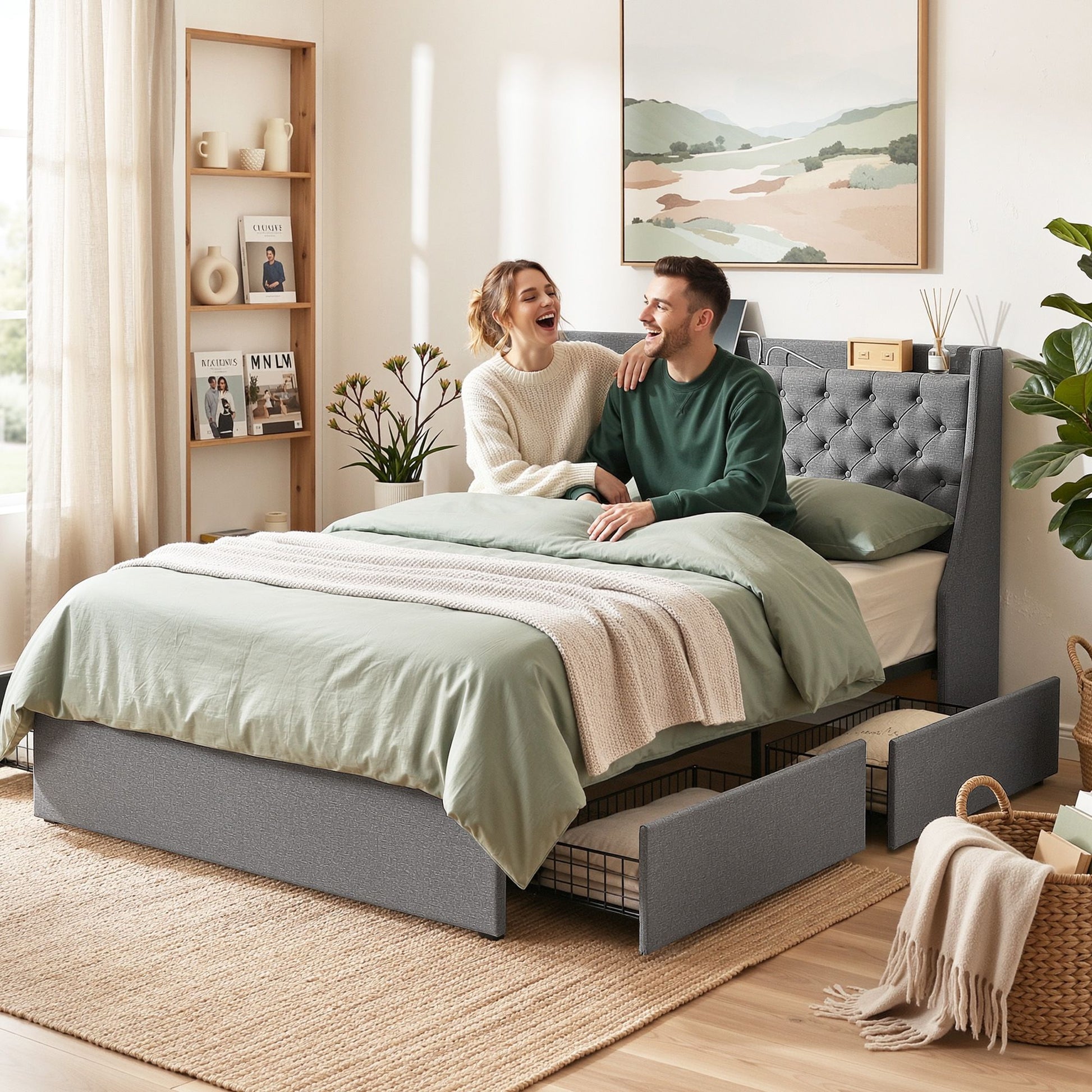 Artiss Queen Bed Frame with 4 Storage Drawers and Charging Station Tufted Wingback Headboard 300kg Loads Charcoal Grey - Homecoze