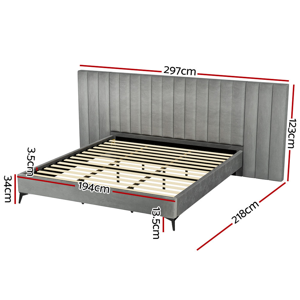 Concord (King) Oversized Bedhead Velvet Bed Frame - Grey - Homecoze