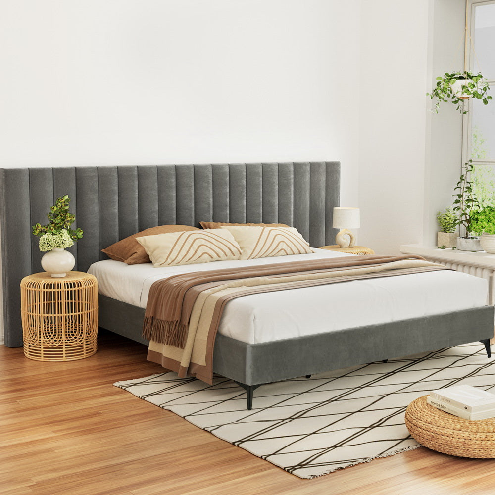 Concord (King) Oversized Bedhead Velvet Bed Frame - Grey - Homecoze