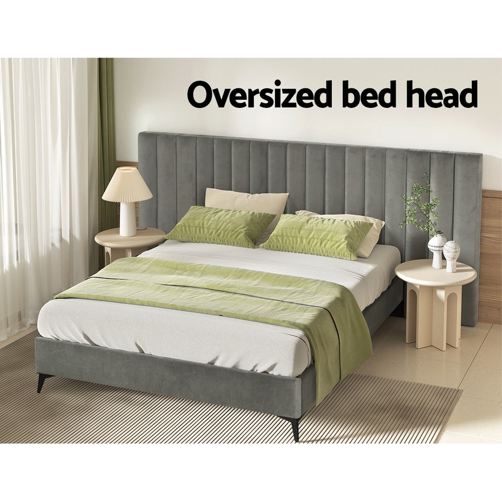 Concord (Queen) Oversized Bedhead Velvet Bed Frame - Grey - Homecoze
