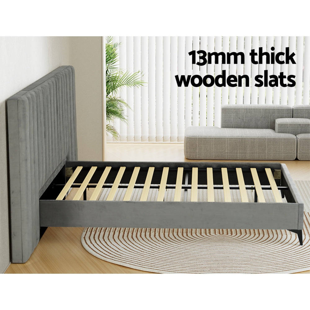 Concord (Queen) Oversized Bedhead Velvet Bed Frame - Grey - Homecoze