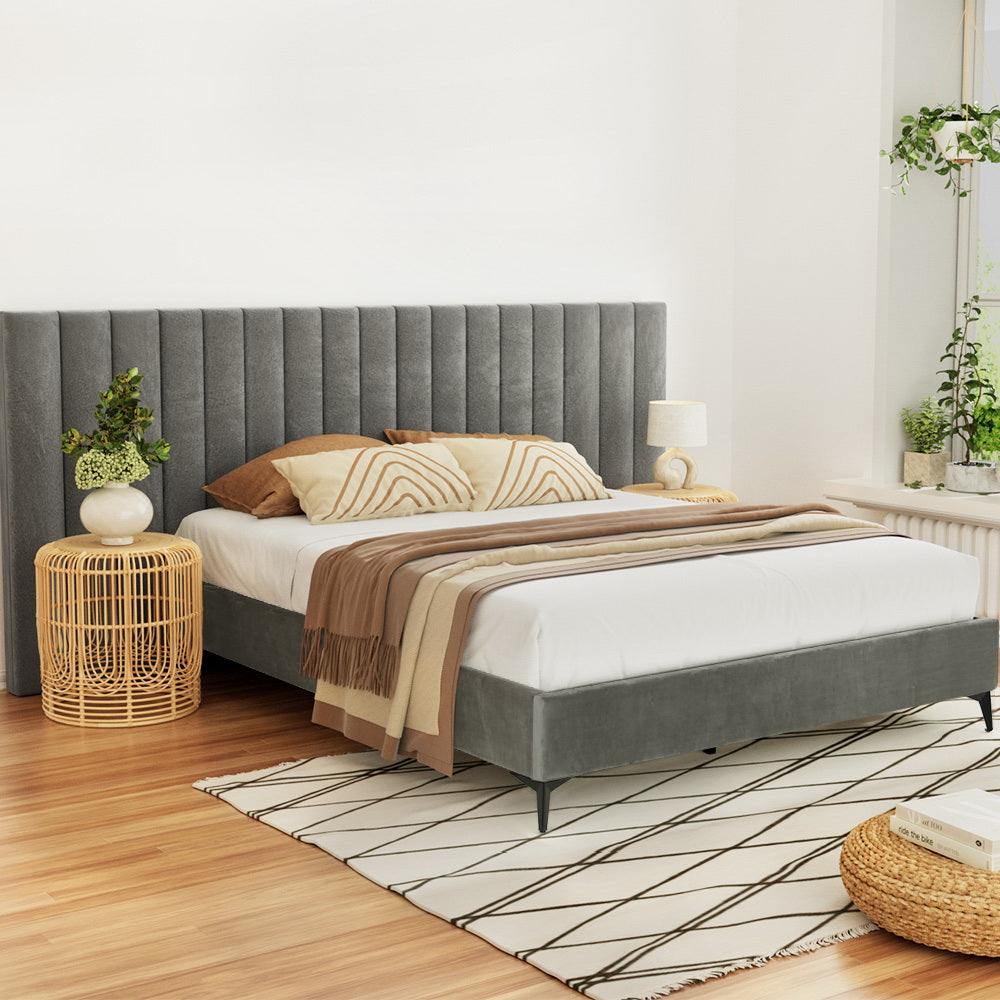Concord (Queen) Oversized Bedhead Velvet Bed Frame - Grey - Homecoze