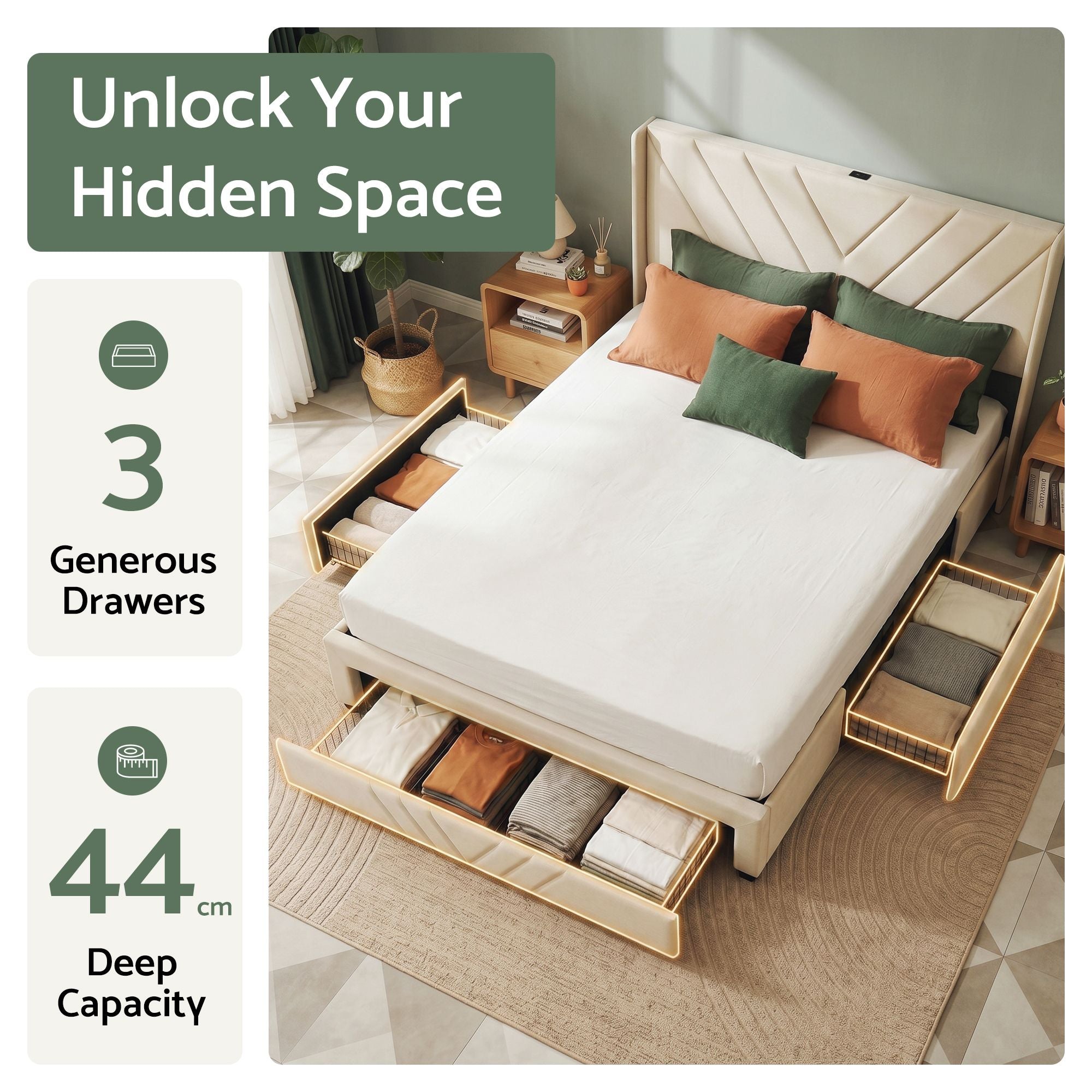Mesa (Double) Linen-Look Storage Bed Frame - Beige
