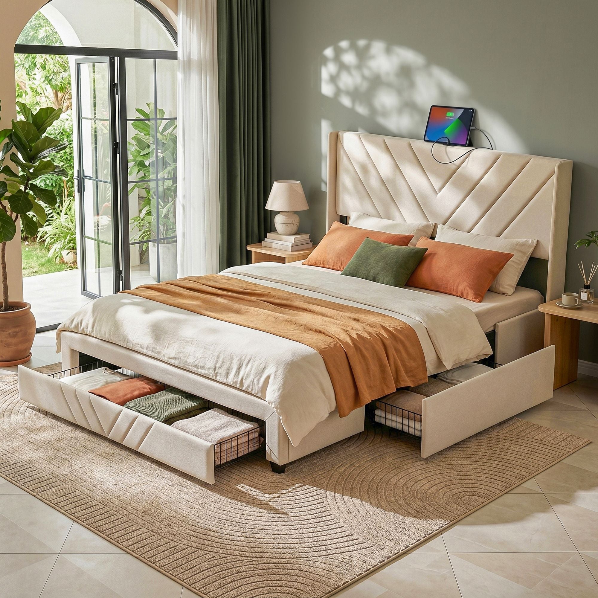 Mesa (King) Linen-Look Storage Bed Frame - Beige