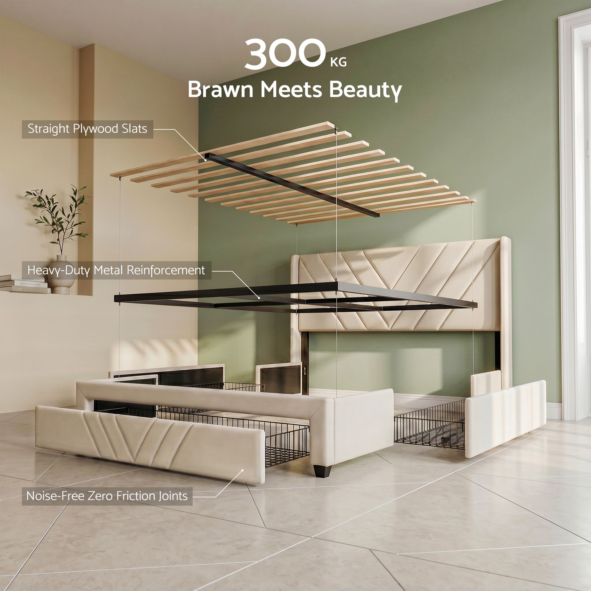 Mesa (Queen) Linen-Look Storage Bed Frame - Beige