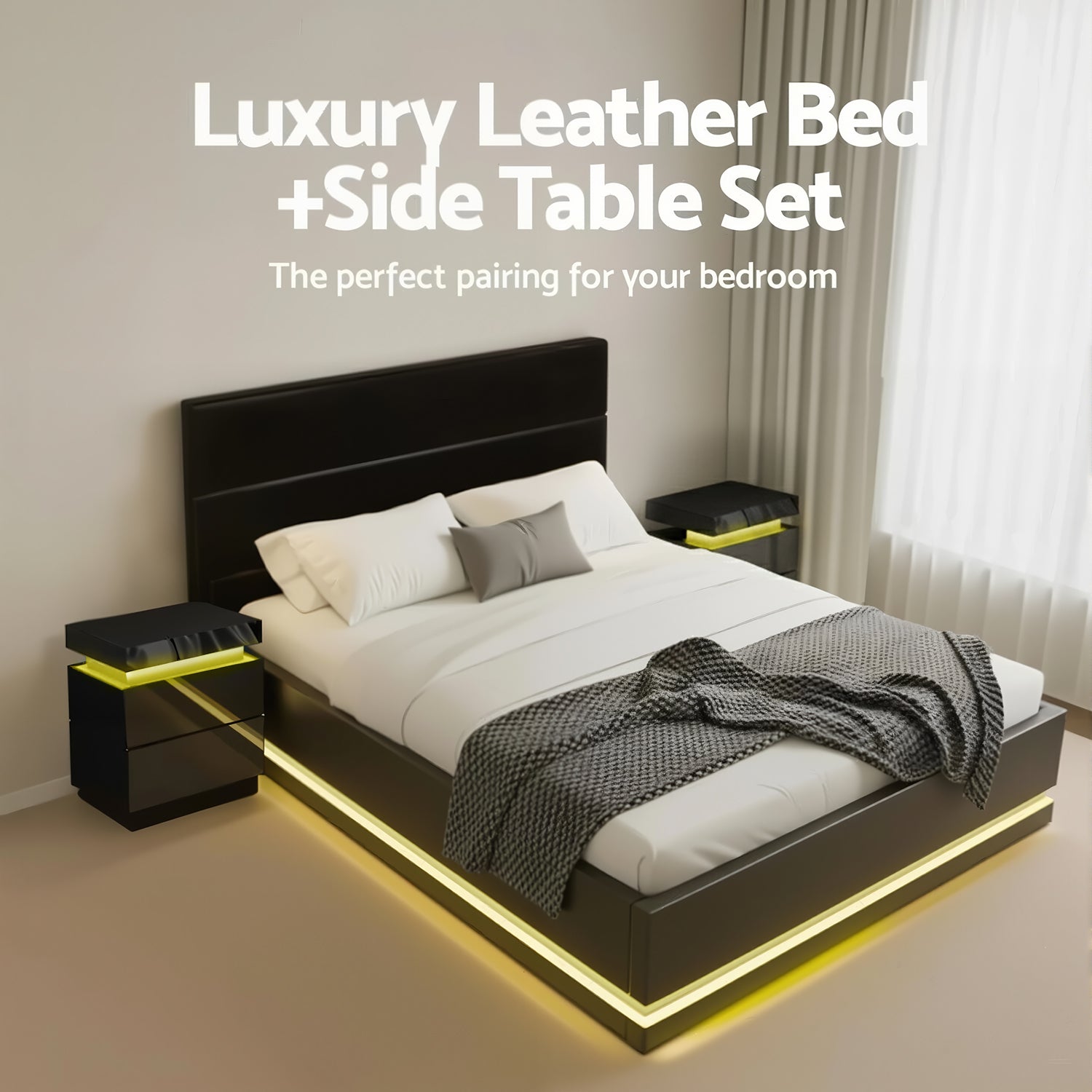 Miami (Queen) Bed Frame & Bedside Tables Set - Black - Homecoze