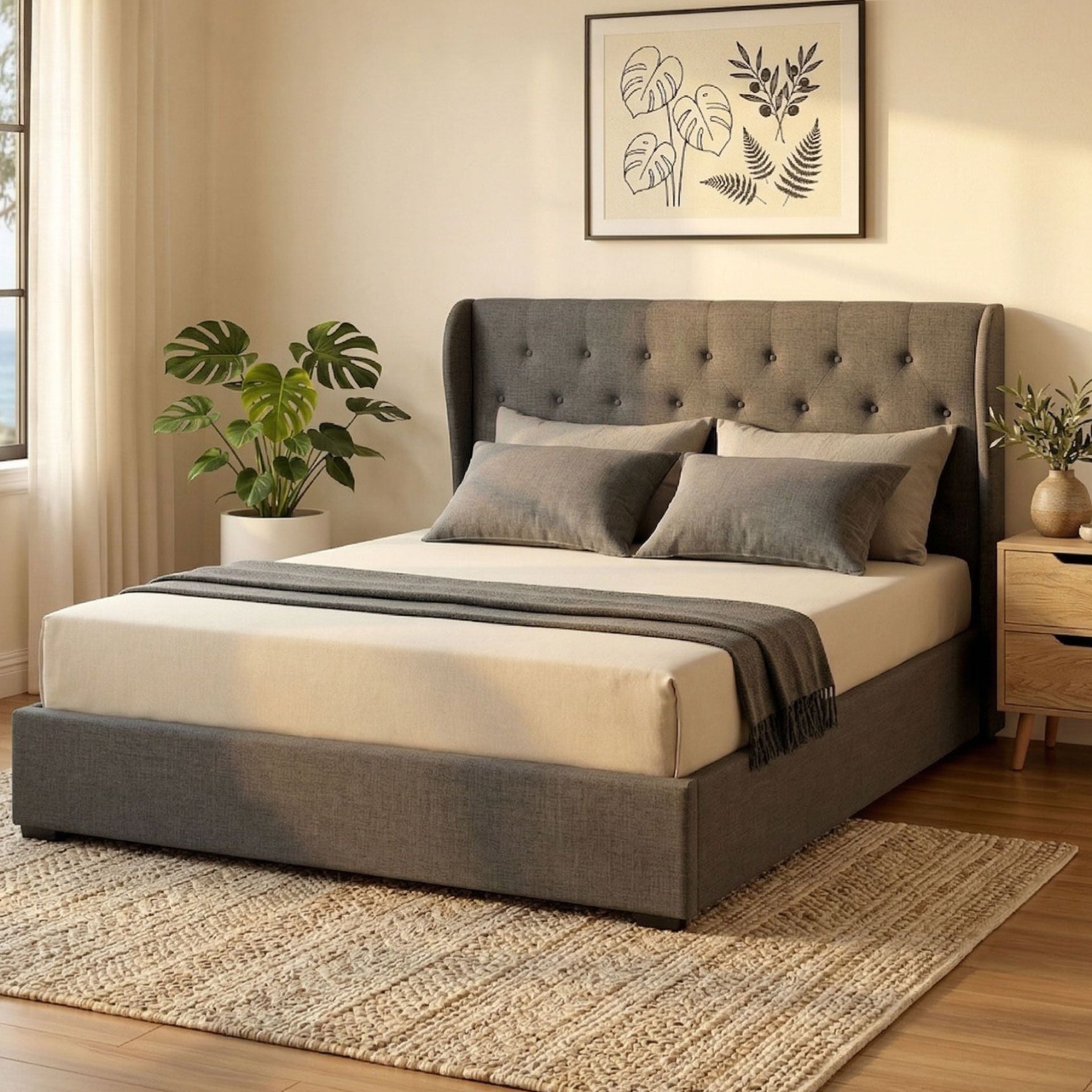 Naples (Queen) Gas-Lift Storage Bed Frame - Grey - Homecoze