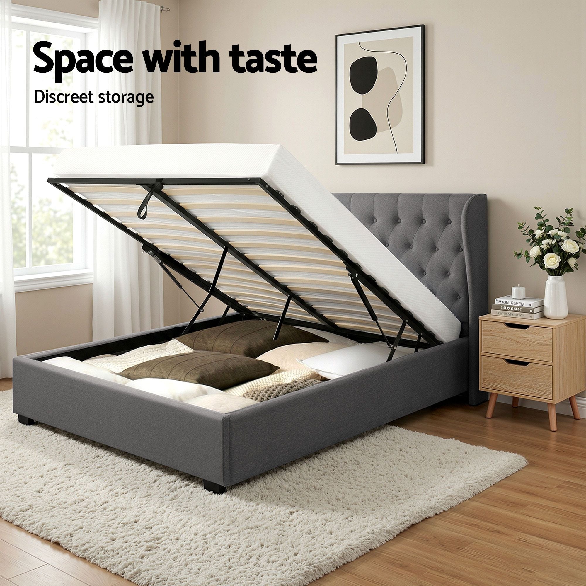 Naples (Queen) Gas-Lift Storage Bed Frame - Grey - Homecoze