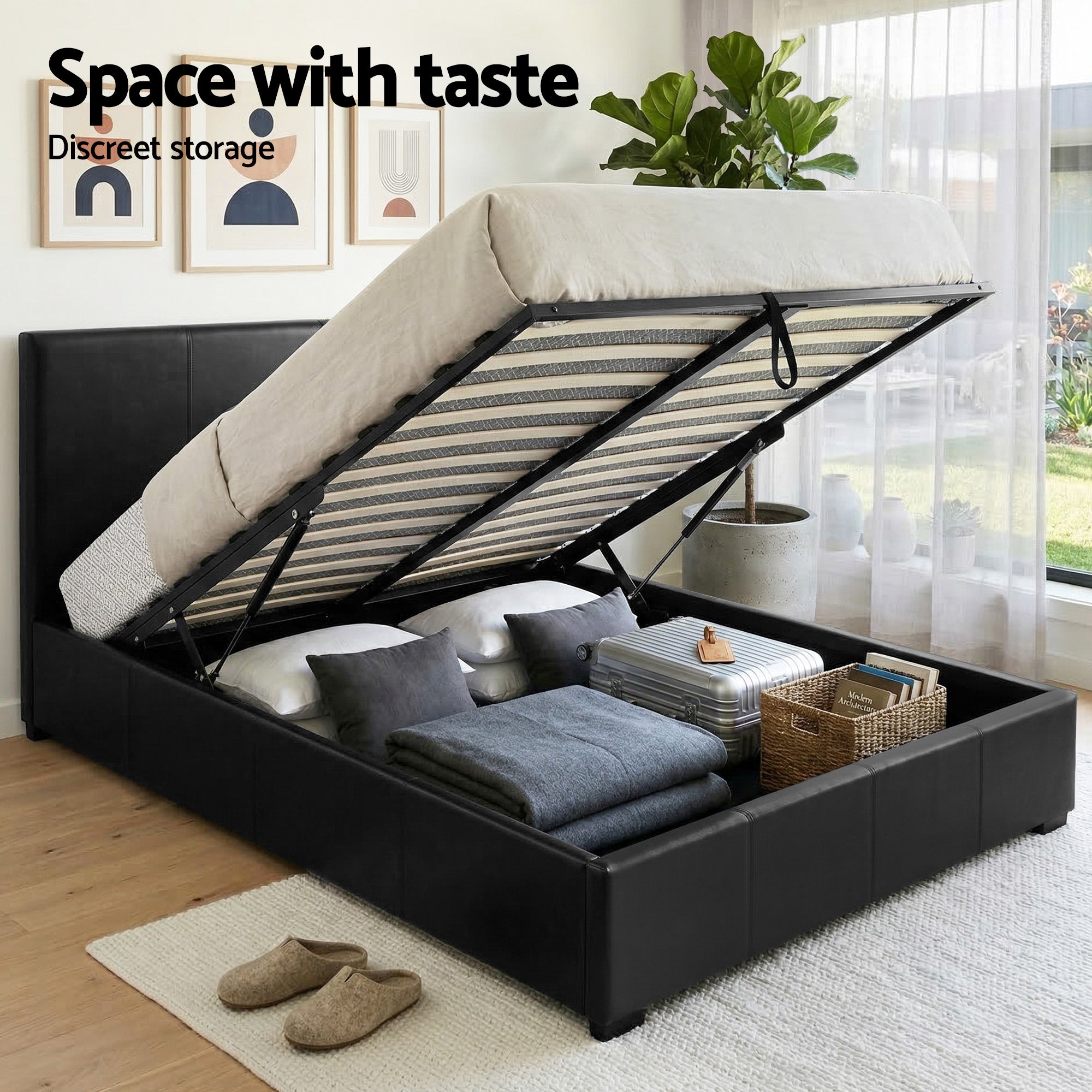 Tampa (Queen) Gas-Lift Storage Bed Frame - Black - Homecoze