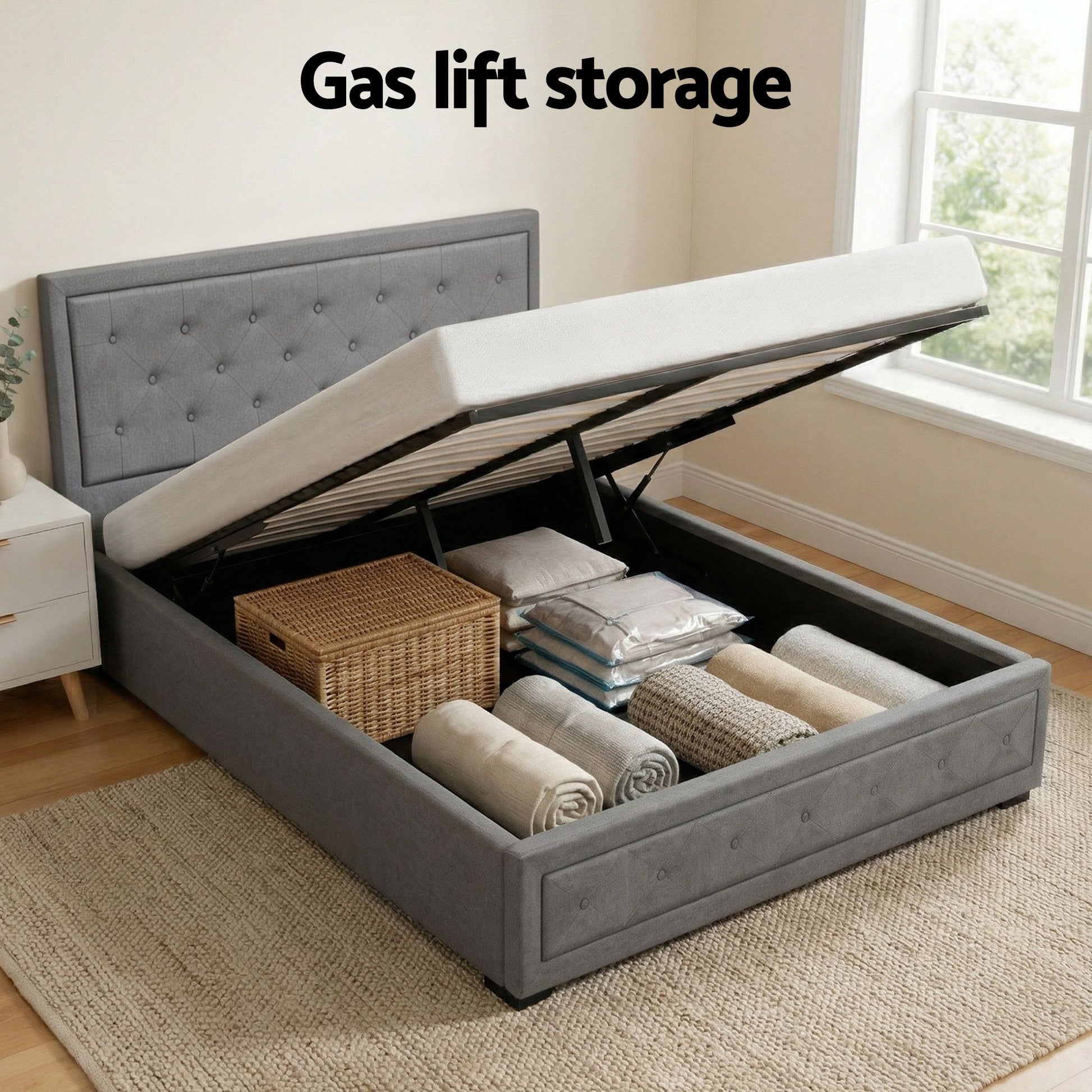 Camden (Queen) Gas-Lift Storage Bed Frame - Grey - Homecoze