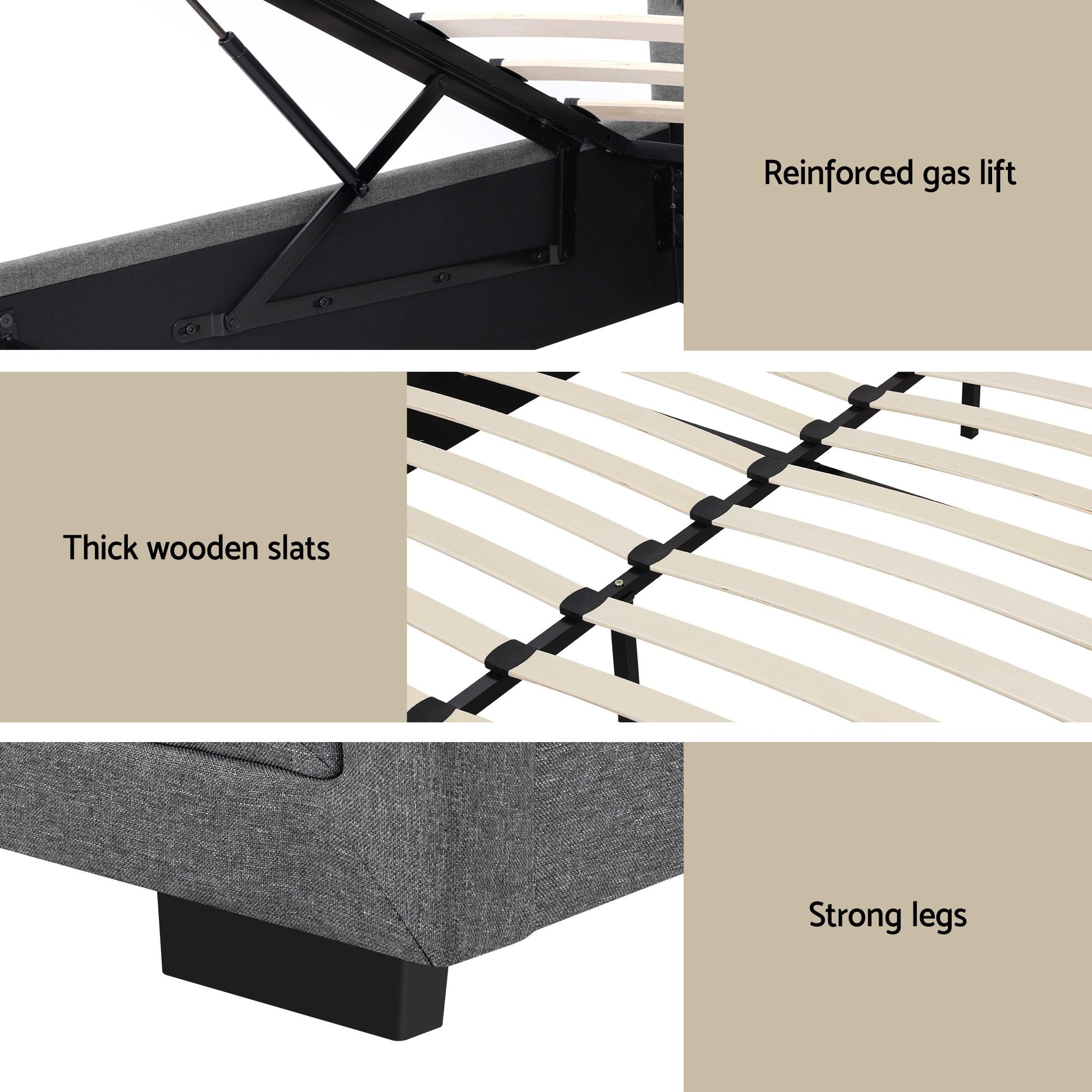 Camden (Queen) Gas-Lift Storage Bed Frame - Grey - Homecoze