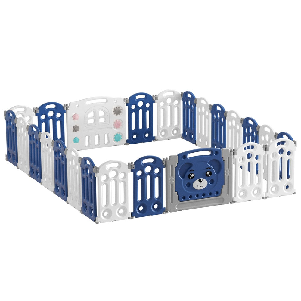 Kids Baby Playpen 24 Panel Foldable Toddler Fence Activity Centre - Blue & White